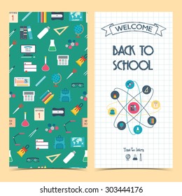 Bilateral vertical school flyer, brochure, banner. Back to school. Seamless background. Vector? illustration?