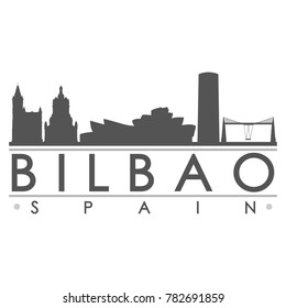 Bilbao Basque Country Spain Skyline Silhouette Design City Vector Art Famous Buildings.