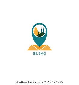 Mapa de la ciudad de Bilbao Pin Point geolocalización moderno skyline Vector logo icono aislado ilustración. Emblema de puntero de España con Lugares famosos y siluetas de construcción
