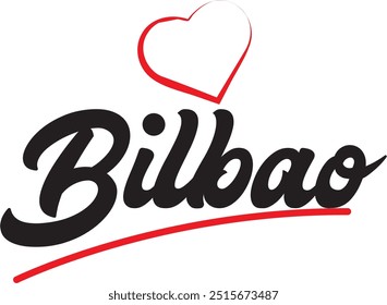 Diseño de texto de la ciudad de Bilbao con diseño de icono tipográfico de corazón rojo adecuado para la promoción turística