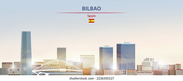 Bilbao cityscape on sunrise sky background with bright sunshine. Vector illustration