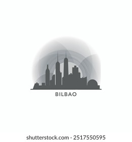 Bilbao cityscape skyline cidade panorama vetor logotipo plano, ícone moderno. Espanha emblema ideia com marcos e silhuetas de construção, clipart isolado ao pôr do sol, nascer do sol, noite