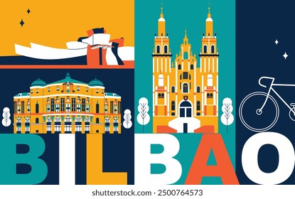 Bilbao culture travel set, famous architectures and specialties in flat design. Business travel and tourism concept clipart. Image for presentation, banner, website, advert, flyer, roadmap, icons