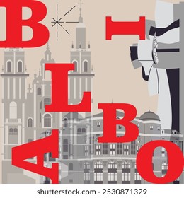 Conjunto de viagens de cultura de Bilbao, arquiteturas famosas e especialidades em design plano. Viagens de negócios e conceito de turismo clipart. Imagem para apresentação, banner, website, anúncio, folheto, roteiro, ícones