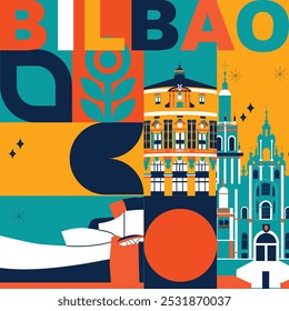 Conjunto de viagens de cultura de Bilbao, arquiteturas famosas e especialidades em design plano. Viagens de negócios e conceito de turismo clipart. Imagem para apresentação, banner, website, anúncio, folheto, roteiro, ícones