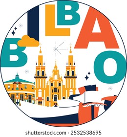 Conjunto de viagens de cultura de Bilbao, arquiteturas famosas e especialidades em design plano. Viagens de negócios e conceito de turismo clipart. Imagem para apresentação, banner, website, anúncio, folheto, roteiro, ícones