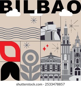 Conjunto de viagens de cultura de Bilbao, arquiteturas famosas e especialidades em design plano. Viagens de negócios e conceito de turismo clipart. Imagem para apresentação, banner, website, anúncio, folheto, roteiro, ícones