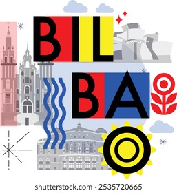 Conjunto de viagens de cultura de Bilbao, arquiteturas famosas e especialidades em design plano. Viagens de negócios e conceito de turismo clipart. Imagem para apresentação, banner, website, anúncio, folheto, roteiro, ícones