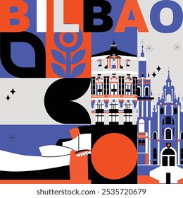 Conjunto de viagens de cultura de Bilbao, arquiteturas famosas e especialidades em design plano. Viagens de negócios e conceito de turismo clipart. Imagem para apresentação, banner, website, anúncio, folheto, roteiro, ícones