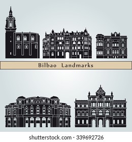 Bilbao landmarks and monuments isolated on blue background in editable vector file