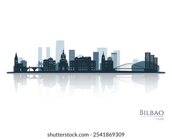 Silhueta do horizonte de Bilbao com reflexão. Paisagem Bilbao, Espanha. Ilustração vetorial.