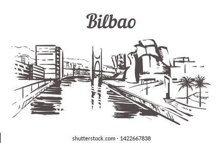 Bilbao skyline sketch. Bilbao, Spain hand drawn illustration isolated on white background.