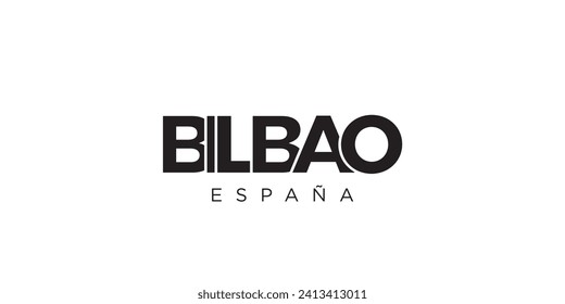 Bilbao en el emblema de España para imprenta y web. El diseño presenta estilo geométrico, ilustración vectorial con tipografía audaz en fuente moderna. Letras gráficas de eslóganes aisladas en fondo blanco.