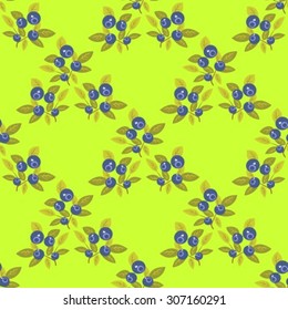 Bilberries on a green background. Seamless pattern.