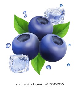 Bilberry 3d icon. Realistic illustration of bilberries with ice cubes for package design vector illustration
