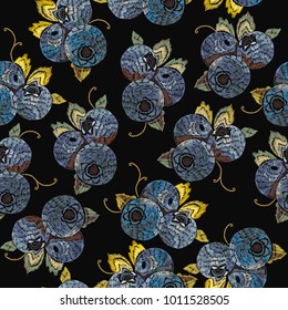 Bilberry berry embroidery vector seamless pattern. Template for clothes, textiles, t-shirt design. Natural fresh bilberry embroidery background pattern