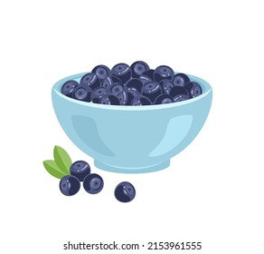 Bilberry Or Huckleberry In Bowl Isolated On White. Vector Flat Illustration Of Fresh Berries. Food Icon.