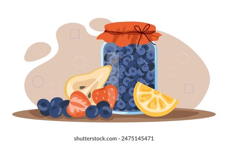 Bilberry jam concept. Sweets made from natural and organic products. Fruit dessert and delicacy. Slices of lemon, strawberry and pear. Cartoon flat vector illustration isolated on white background