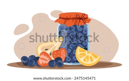 Bilberry jam concept. Sweets made from natural and organic products. Fruit dessert and delicacy. Slices of lemon, strawberry and pear. Cartoon flat vector illustration isolated on white background