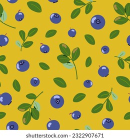 Bilberry vector seamless pattern. Northern blue forest berries and leaves. Hand drawn cartoon summer fruits on yellow background. Healthy food with vitamin C for packaging, decoration, fabrics print