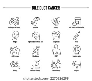 Bile Duct Cancer symptoms, diagnostic and treatment vector icon set. Line editable medical icons.