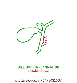 Bile duct inflammation icon in outline style. Cholangitis linear pictogram. Medical concept. Editable stroke. Vector illustration isolated on a white background