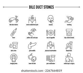 Bile Duct Stones symptoms, diagnostic and treatment vector icon set. Line editable medical icons.