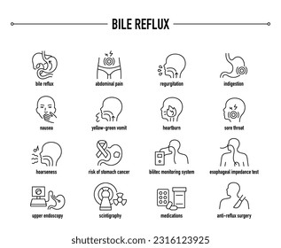 Bile Reflux symptoms, diagnostic and treatment vector icon set. Line editable medical icons.