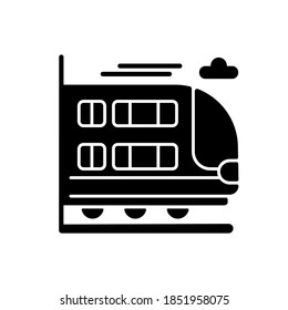 Bilevel train black glyph icon. Double decker rail car. Modern railway transport, silhouette symbol on white space. Large commuter train. Railroad vehicle with two levels vector isolated illustration