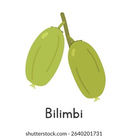 Bilimbi flat vector illustration. Green Bilimbi cartoon clipart style. Also known as camias, belimbing, cucumber tree, tree sorrel, kamias, Vilumpi, Gommareku, Belimbing Asam, Belimbing Buloh