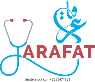 Logotipo Médico Bilíngue "ARAFAT" com Estetoscópio. Design de texto árabe e latino em azul, vermelho e cinza para marcas de assistência médica.