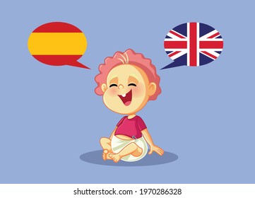 Bilingual Baby Speaking English And Spanish Vector Illustration. Multicultural Infant Learning To Talk In Two Languages Developing Cognitive Abilities
