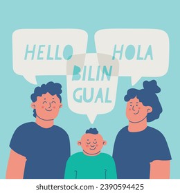 Niño bilingüe en una familia multilingüe. Papá, mamá y su hijo hablan inglés y español. Ilustración aislada del vector.