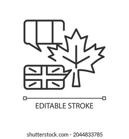 Bilingual country linear icon. French and english speaking population. Two official languages. Thin line customizable illustration. Contour symbol. Vector isolated outline drawing. Editable stroke