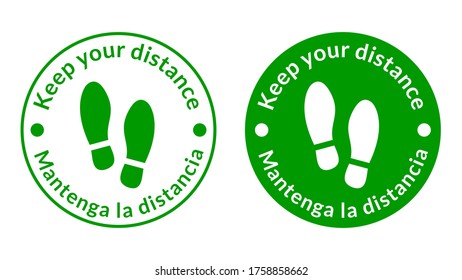 Bilingual English-Spanish Round Floor Marking Adhesive Sticker Icon with Shoeprints and Phrases "Keep Your Distance" and "Mantenga La Distancia". Vector Image.