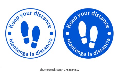 Bilingual English-Spanish Round Floor Marking Adhesive Sticker Icon with Shoeprints and Phrases "Keep Your Distance" and "Mantenga La Distancia". Vector Image.