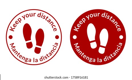 Bilingual English-Spanish Round Floor Marking Adhesive Sticker Icon with Shoeprints and Phrases "Keep Your Distance" and "Mantenga La Distancia". Vector Image.