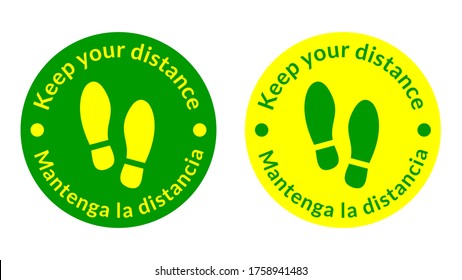 Bilingual English-Spanish Round Floor Marking Adhesive Sticker Icon with Shoeprints and Phrases "Keep Your Distance" and "Mantenga La Distancia". Vector Image.