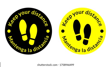 Bilingual English-Spanish Round Floor Marking Adhesive Sticker Icon with Shoeprints and Phrases "Keep Your Distance" and "Mantenga La Distancia". Vector Image.