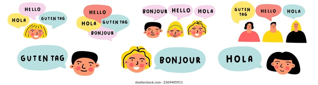 Bilingual. Flat design. Collection of people speaking in different languages. Hola, Guten tag, Bonjour -  it's greeting in Spanish, German and French. Illustrations on white background.