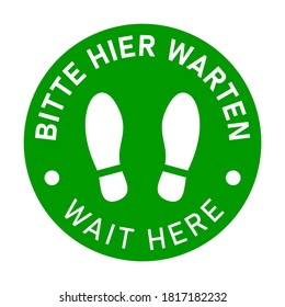 Icono de señalización de piso bilingüe en alemán e inglés con Símbolos de huella digital y frases "Amargo hier warten" y "Esperar aquí" para fines de distanciamiento social. Imagen vectorial.