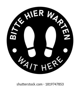 Bilingual Floor Marking Icon in German and English with Shoeprint Symbols and Phrases "Bitte hier warten" and "Wait Here" for Social Distancing Purposes. Vector Image.