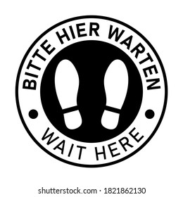 Bilingual Floor Marking Icon in German and English with Shoeprint Symbols and Phrases "Bitte hier warten" and "Wait Here" for Social Distancing Purposes. Vector Image.