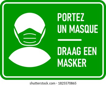 Bilingual French and Dutch Horizontal Warning Sign with Phrases "Portez Un Masque" and "Draag Een Masker" both meaning "Wear a Face Mask". Vector Image.