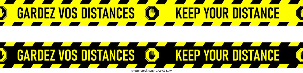 Bilingual French and English Black and Yellow Floor Marking Social Distancing Stripe Tape Icon with Phrases "Gardez Vos Distances" and "Keep Your Distance". Vector Image.