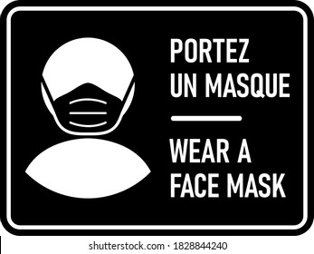 Bilingual French and English Horizontal Warning Sign with Phrases "Portez Un Masque" and "Wear a Face Mask". Vector Image.