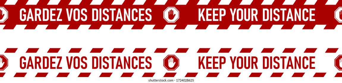 Bilingual French and English Red and White Floor Marking Social Distancing Stripe Tape Icon with Phrases "Gardez Vos Distances" and "Keep Your Distance". Vector Image.