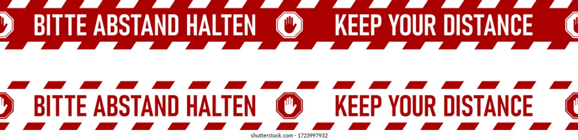 Bilingual German and English Red and White Floor Marking Social Distancing Stripe Icon with Phrases "Bitte Abstand Halten" and "Keep Your Distance". Vector Image.