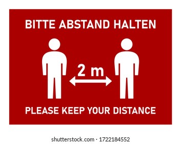 Bilingual German and English Social Distancing 2 Meters Instruction Sign with Phrases "Bitte Abstand Halten" and "Please Keep Your Distance". Vector Image.