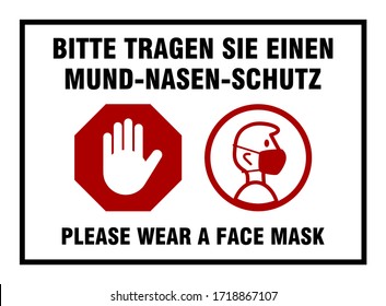 Bilingual German-English Instruction Sign with Phrases "Bitte tragen Sie einen Mund-Nasen-Schutz" and "Please Wear a Face Mask". Vector Image.